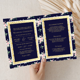 Convite Casamento Indiano Dourado Floral Azul Escuro Tudo 