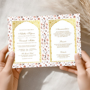 Convite Casamento Indiano Floral Terroso Tudo em Um Dourad