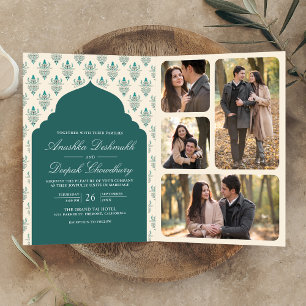 Convite Casamento Indiano Tudo em Um Ikat Creme Verde Azul
