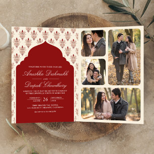 Convite Casamento Indiano Vermelho Creme Ikat Tudo em Um