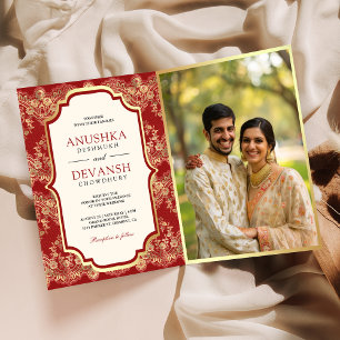 Convite Casamento Índio com Código QR Dourado Vermelho