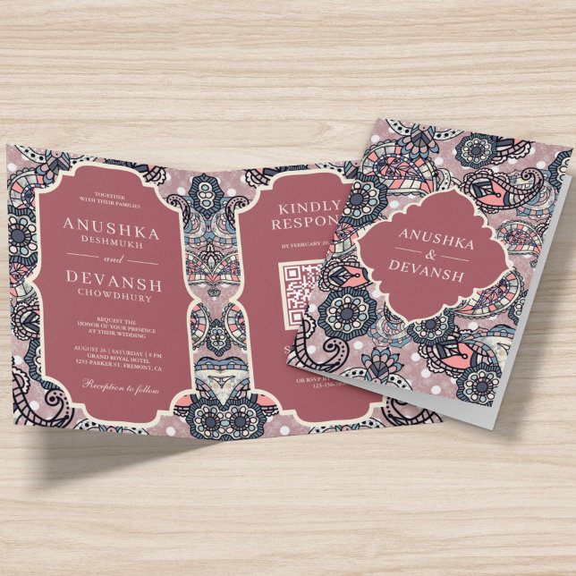 Convite Casamento Índio com Salmão Rosa Paisley Padrão QR  (Criador carregado)