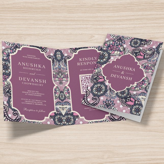 Convite Casamento Índio do Código QR do Padrão de Paisley  (Criador carregado)