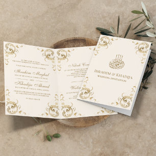 Convite Casamento Islâmico Antiquado e Dourado Creme Ivory
