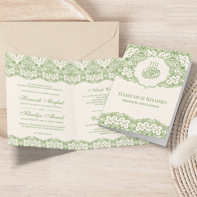 Convite Casamento Islâmico Muçulmano em Creme e Verde com  (Criador carregado)