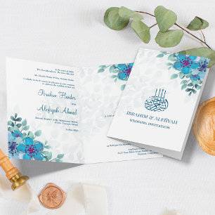 Convite Casamento Islâmico Muçulmano Floral Azul Oceano Mo