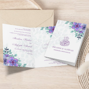 Convite Casamento Islâmico Muçulmano Floral Roxo Moderno