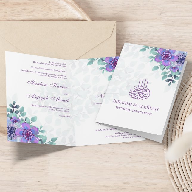 Convite Casamento Islâmico Muçulmano Floral Roxo Moderno (Criador carregado)
