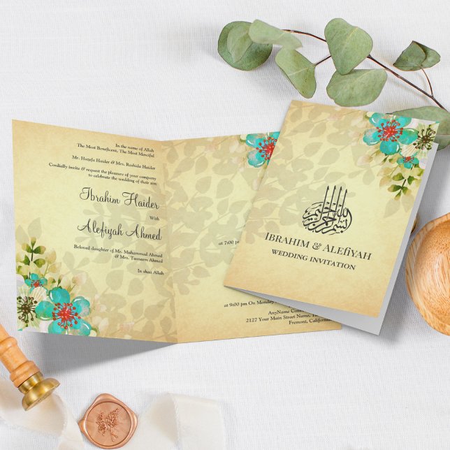 Convite Casamento Islâmico Muçulmano Floral Turquesa Rústi (Criador carregado)