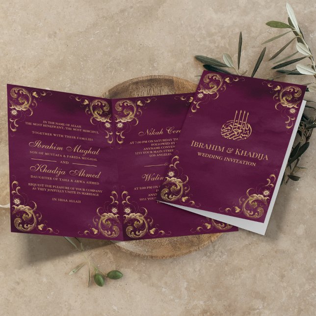 Convite Casamento Islâmico Roxo Púrpura de Prata, Dourado  (Criador carregado)