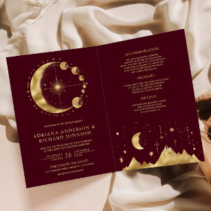 Convite Casamento Luar Celestial Borgonha Dourado
