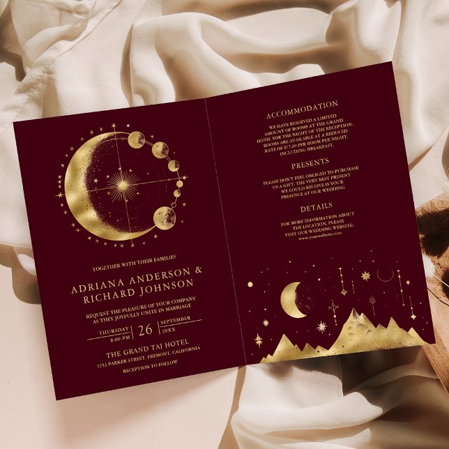 Convite Casamento Luar Celestial Borgonha Dourado (Criador carregado)