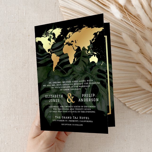 Convite Casamento Mapa Mundial Destino Tropical Ouro Preto (Outside)