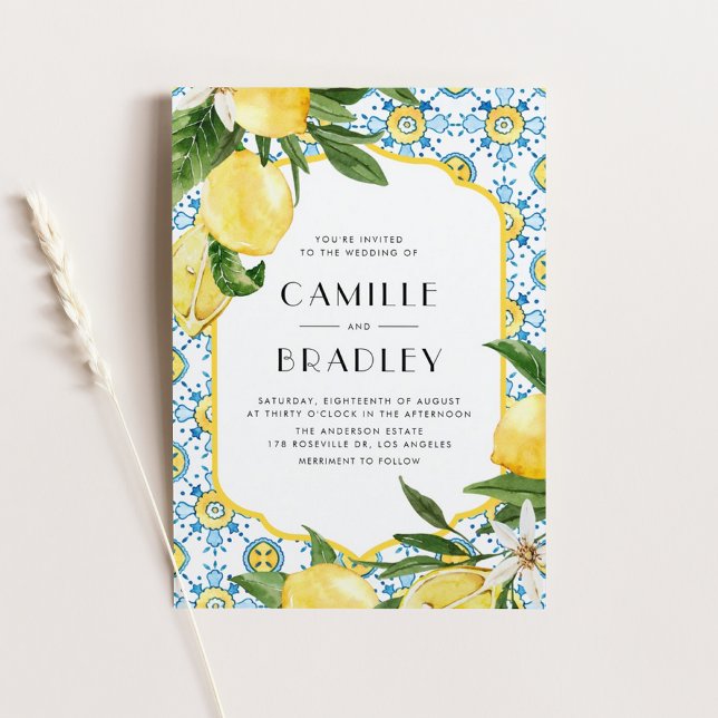 Convite Casamento mediterrânico entre o Azulejo e os limõe (Watercolor Moroccan Tile and Lemon Design Mediterranean Wedding Invitation Magnet)