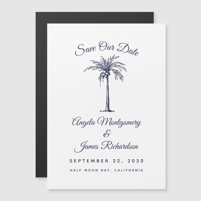 Convite Casamento Moderno em Azul Naval em Palm Beach - Sa (Frente/Verso)