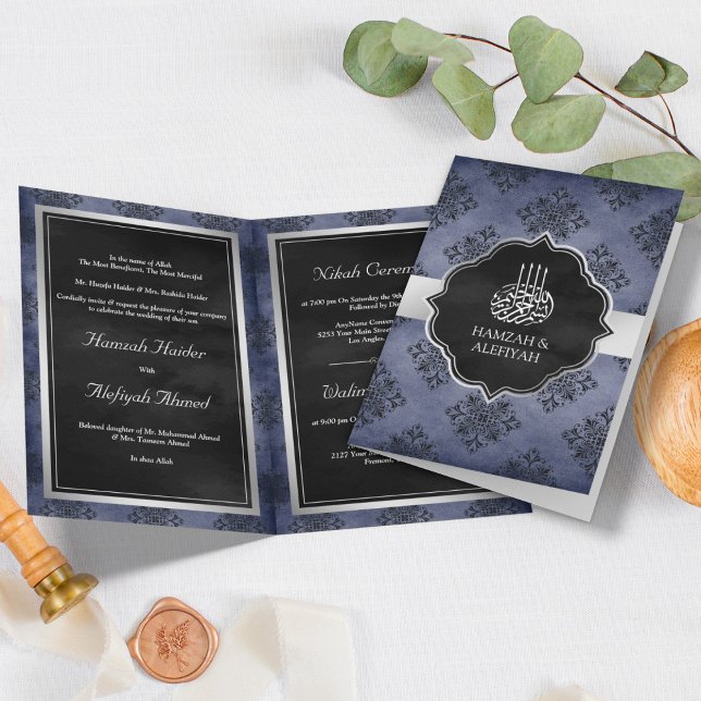 Convite Casamento Muçulmano Azul Marinho Prateado Preto Da (Criador carregado)