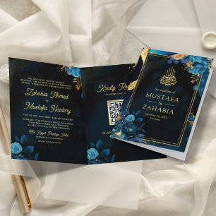 Convite Casamento Muçulmano Código QR Floral Azul Royal Do