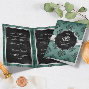 Convite Casamento Muçulmano com Damasko Preto Teal Prata R