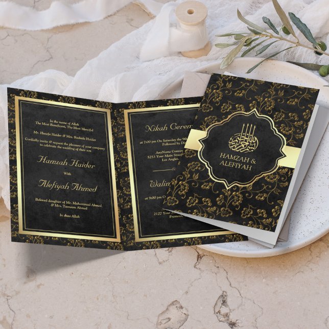 Convite Casamento Muçulmano com Filigrama Preto Rústico Vi (Criador carregado)