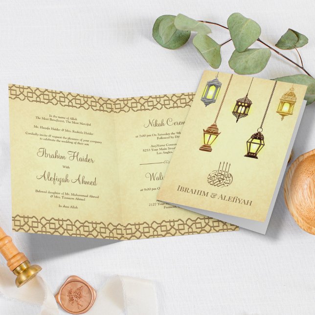 Convite Casamento Muçulmano com Lanternas Árabe Antiquado (Criador carregado)