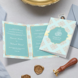 Convite Casamento Muçulmano Damasco Azul Pastel Rústico