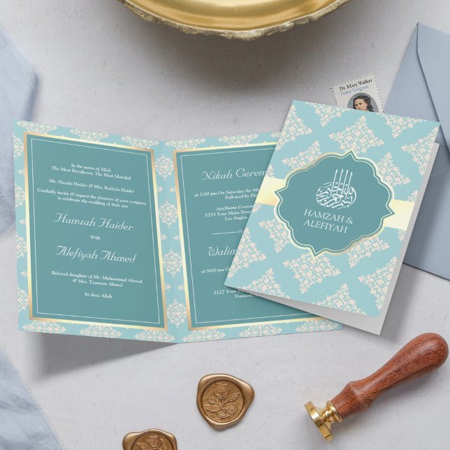 Convite Casamento Muçulmano Damasco Creme Azul Turquesa Pa (Criador carregado)