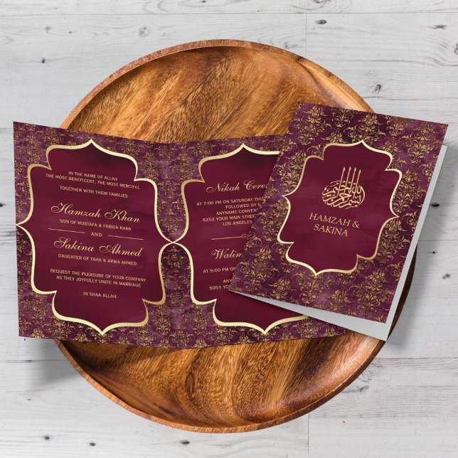 Convite Casamento Muçulmano Damasco Dourado Burgundy Rústi (Criador carregado)