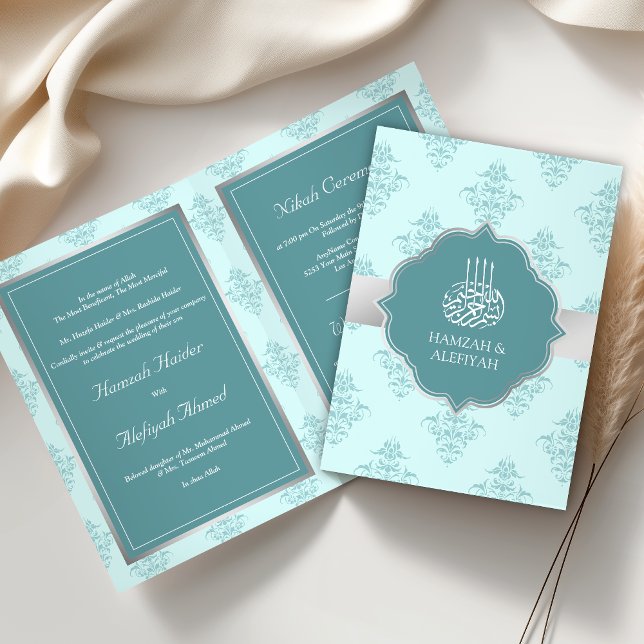 Convite Casamento Muçulmano Damasco Pastel Prata Rústico (Criador carregado)