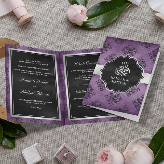 Convite Casamento Muçulmano Damasco Preto Roxo Prata Rústi (Criador carregado)