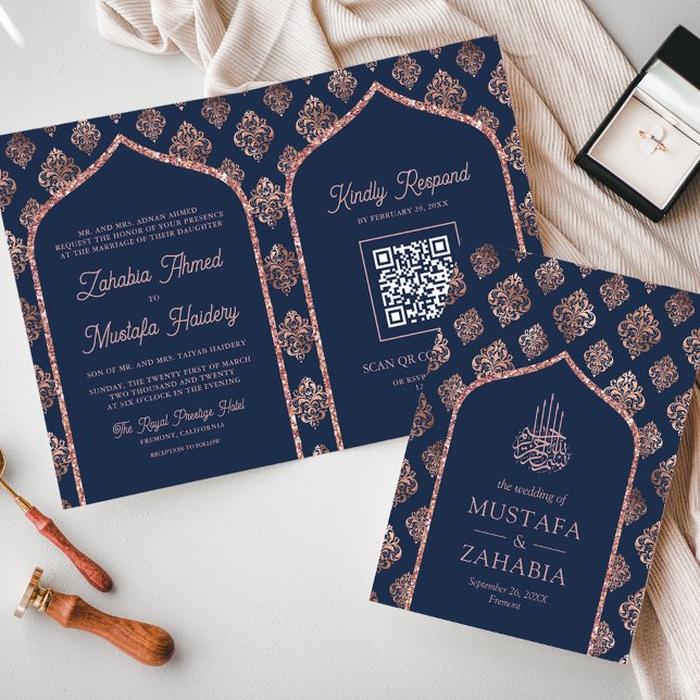 Convite Casamento Muçulmano do Código QR do Arch do Damask (Criador carregado)