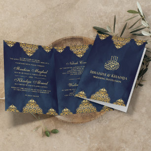 Convite Casamento Muçulmano do Motif Dourado marinho Azul