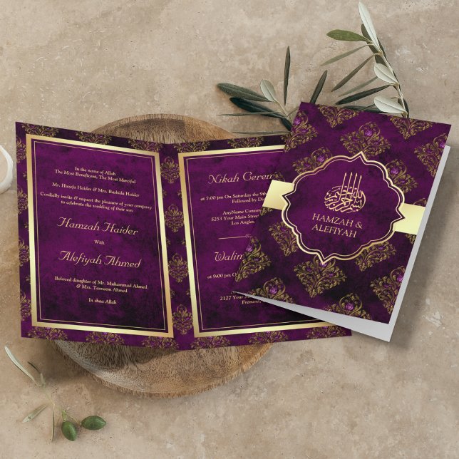 Convite Casamento Muçulmano Dourado Roxo Rústico Vintage D (Criador carregado)