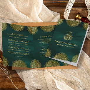 Convite Casamento Muçulmano Emerald Green e Dourado Motif