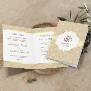 Convite Casamento Muçulmano Faux Gold Foil Beige Damask