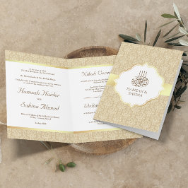 Convite Casamento Muçulmano Faux Gold Foil Beige Damask