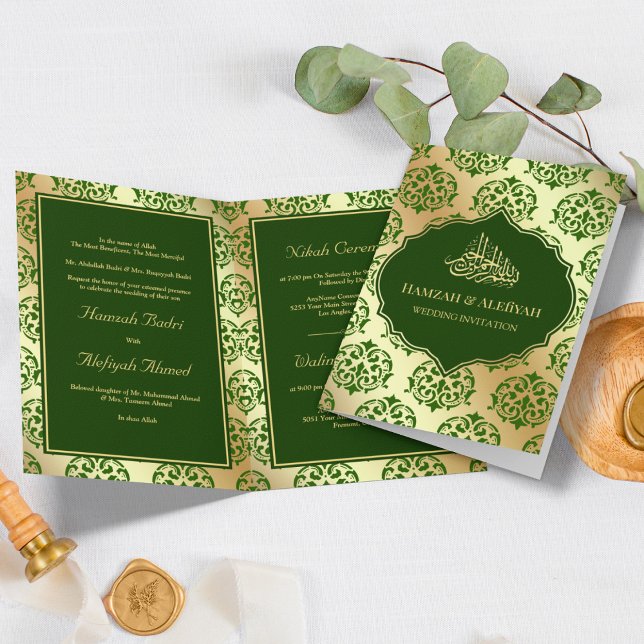 Convite Casamento Muçulmano Faux Gold Foil Dark Green Dama (Criador carregado)