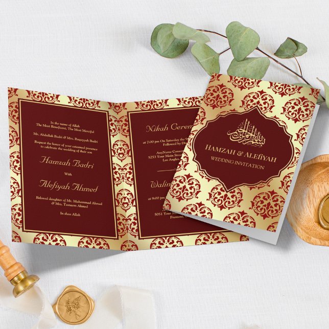 Convite Casamento Muçulmano Faux Gold Foil Maroon Red Dama (Criador carregado)