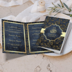 Convite Casamento Muçulmano Filigrana Azul Naval Dourado R