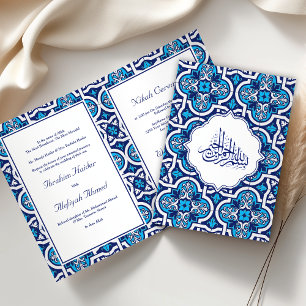Convite Casamento Muçulmano Islâmico Azul e Branco com Ara