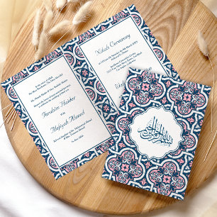 Convite Casamento Muçulmano Islâmico Azul e Rosa Arabesco