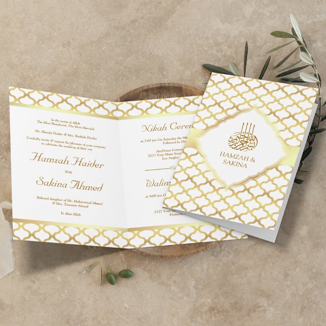 Convite Casamento Muçulmano Quatrefoil Branco e Dourado Ma (Criador carregado)