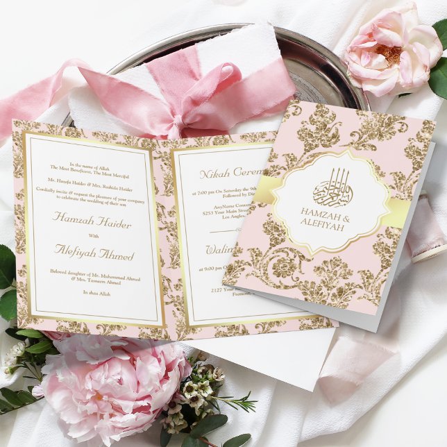 Convite Casamento Muçulmano Rosa Rústico Dourado Filigrana (Criador carregado)