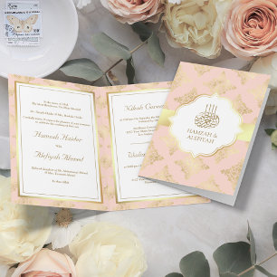 Convite Casamento Muçulmano Rústico Rosa Bege Dourado Dama