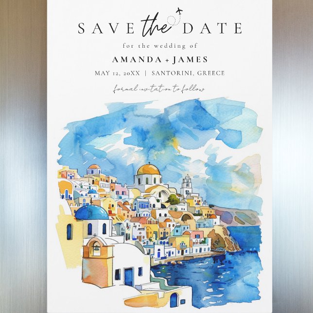 Convite Casamento na Grécia: Salve a Data (Save the Date magnet featuring a watercolor illustration of Santorini, Greece, with vibrant blue.)