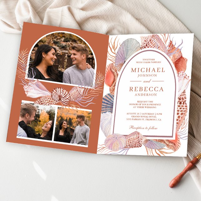 Convite Casamento Náutico Código QR Boho Rústico Conchas (Criador carregado)