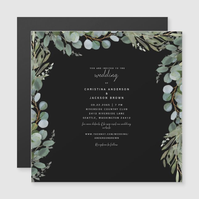 Convite Casamento Negra Elegante Eucalyptus II (Frente/Verso)