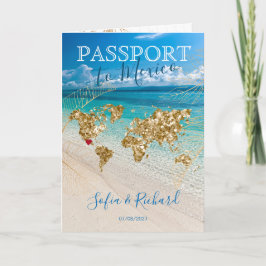 Convite Casamento no Destino México Passaporte Mapa Dourad