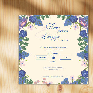 Convite Casamento no Jardim com Florais Azuis e Românticos