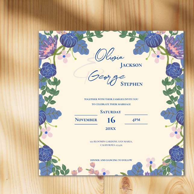Convite Casamento no Jardim com Florais Azuis e Românticos (Purple Romantic Pretty Blue Florals Garden Wedding Magnetic Invitation)