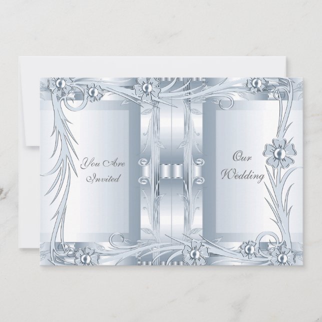Convite Casamento Prata Azul Art Deco Floral (Frente)
